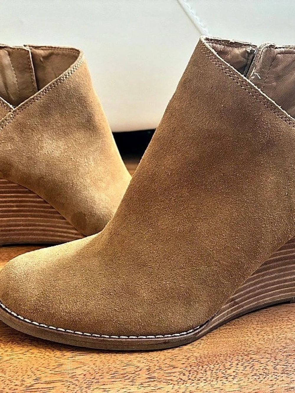 Lucky Brand Brown Suede-Look Wedge Booties, excellent condition, like new.